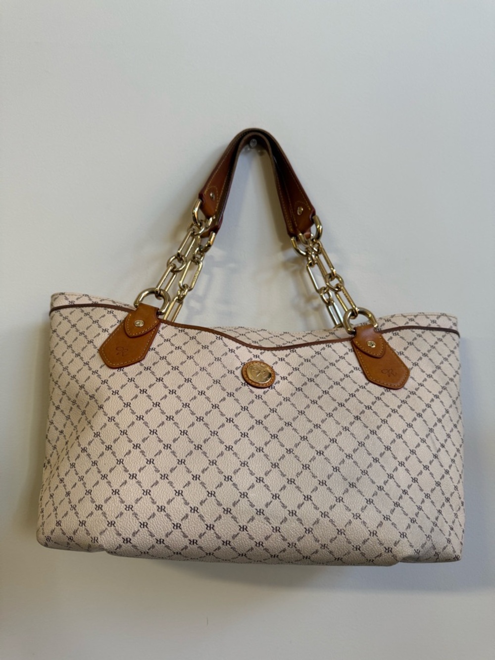 Rioni Cream Tote with Brown Leather Trim and Gold Chain Handles